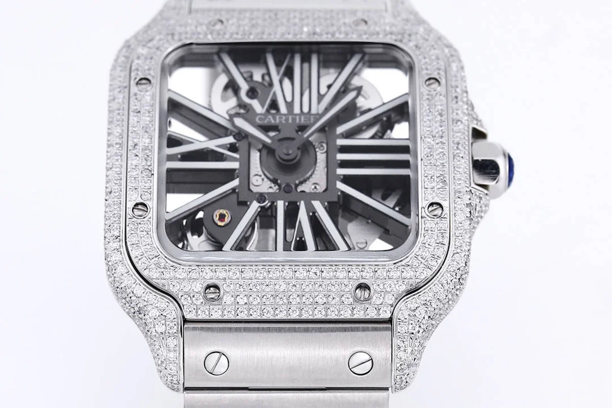 Santos De Cartier Watch Skeleton Dial White Marker with Diamond Bezel in Steel