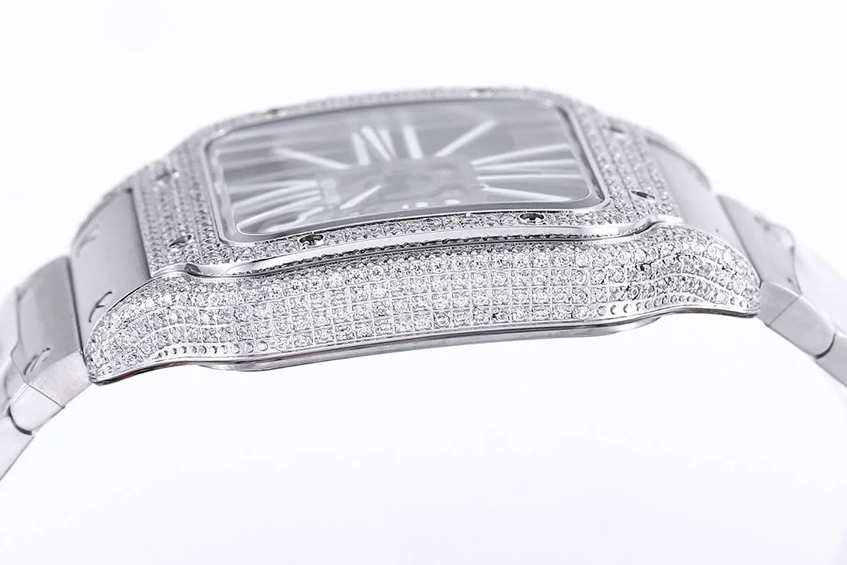 Santos De Cartier Watch Skeleton Dial White Marker with Diamond Bezel in Steel