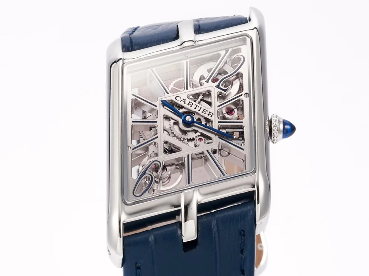 Tank Asymetrique Watch on Steel in Blue Leather Strap