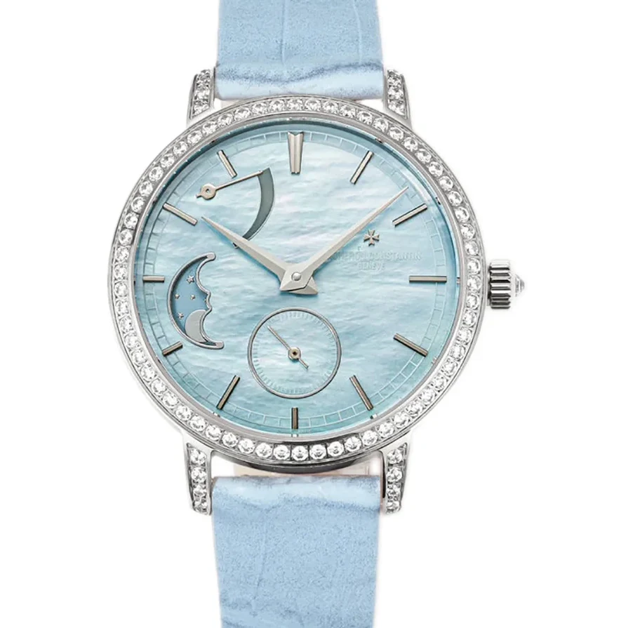 Traditionelle Moon Phase Blue MOP Dial with Diamond Bezel in White Gold on Blue Leather Strap