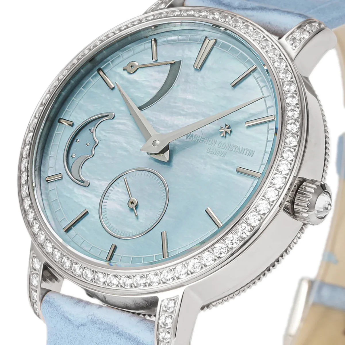 Traditionelle Moon Phase Blue MOP Dial with Diamond Bezel in White Gold on Blue Leather Strap
