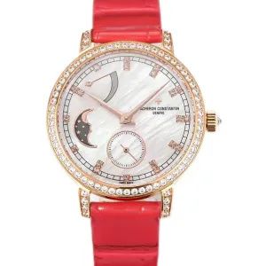 Traditionelle Moon Phase MOP Dial with Diamond Bezel in Pink Gold on Red Leather Strap