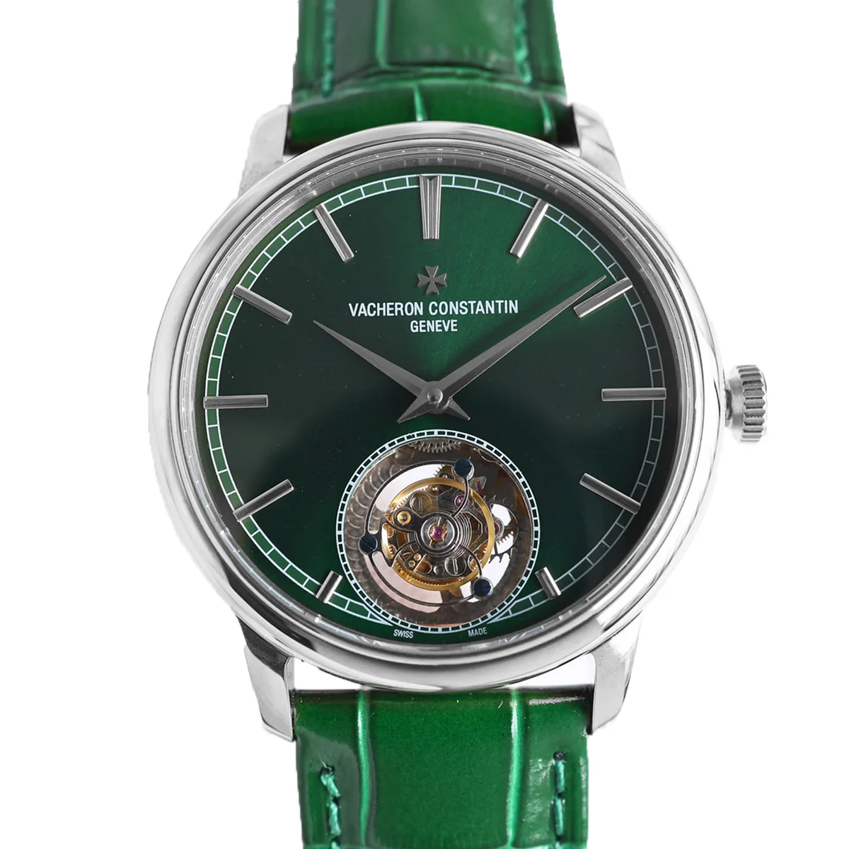 Traditionelle Tourbillon in Steel on Green Leather Strap