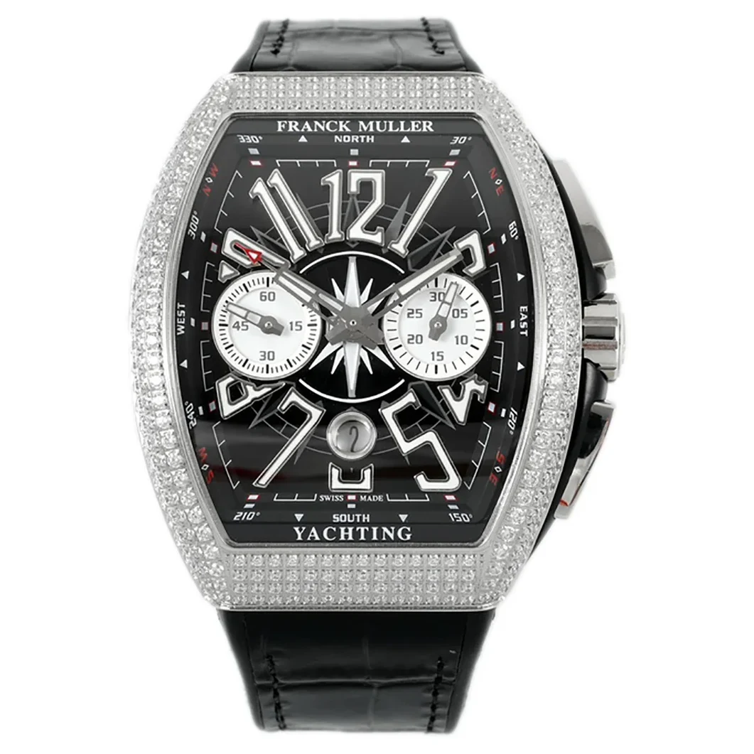 Vanguard V45 Chronograph Black/White Dial with White Marker and Diamond Bezel in Steel on Leather Strap