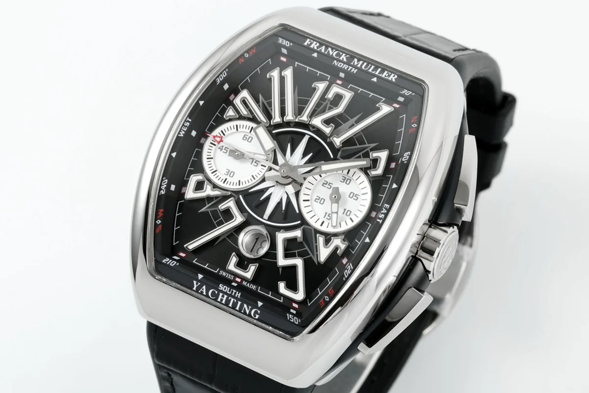 Vanguard V45 Chronograph Black/White Dial with White Marker in Steel on Leather Strap