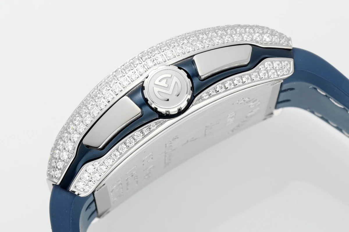 Vanguard V45 Chronograph Blue/White Dial with Diamond Marker and Diamond Bezel in Steel on Leather Strap