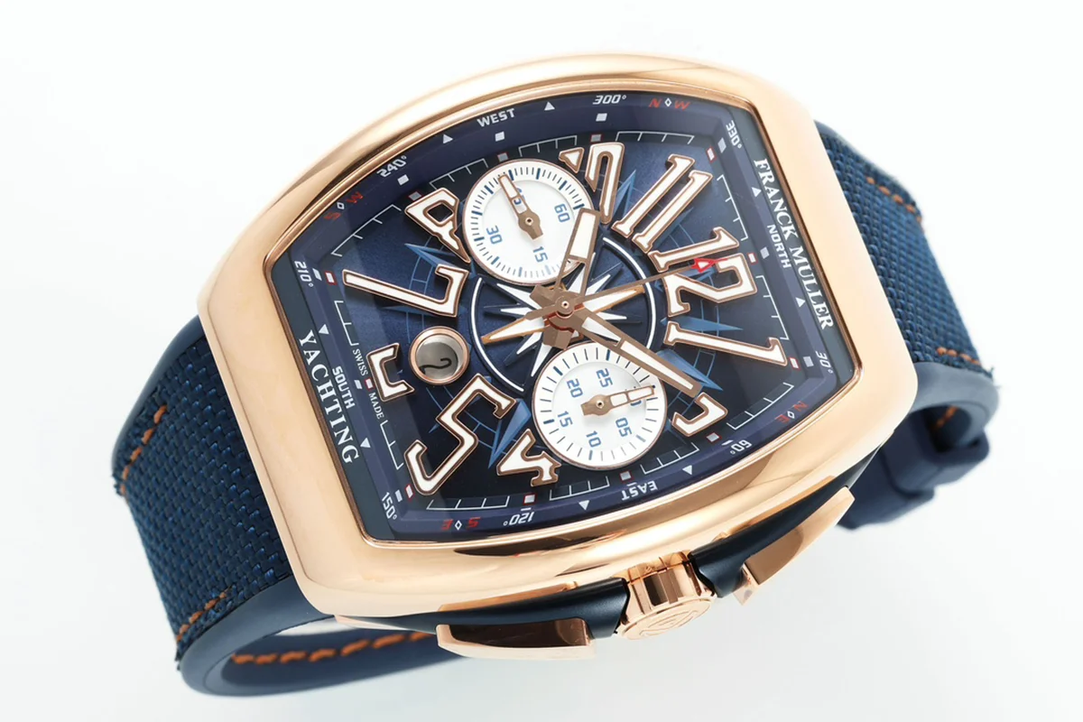 Vanguard V45 Chronograph Blue/White Dial with White Marker in Rose Gold on Leather Strap