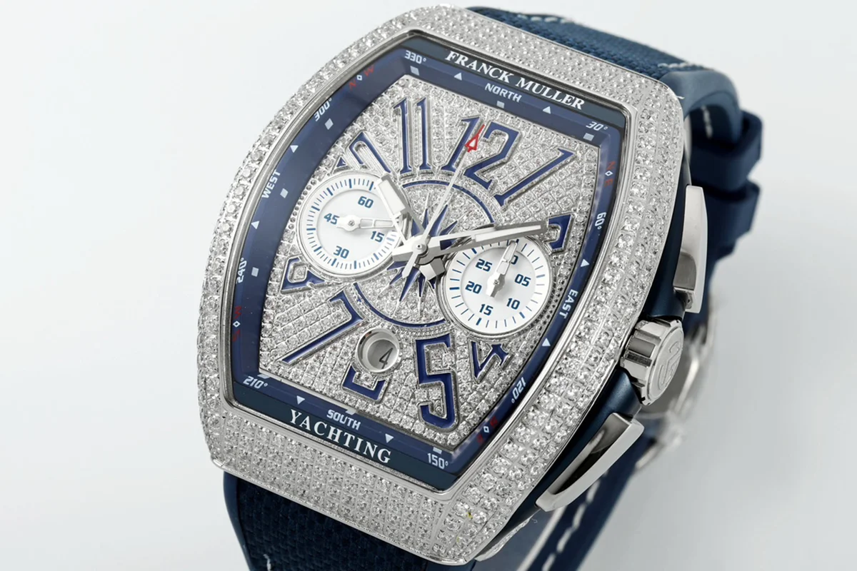 Vanguard V45 Chronograph Diamond/White Dial with Blue Marker and Diamond Bezel in Steel on Leather Strap